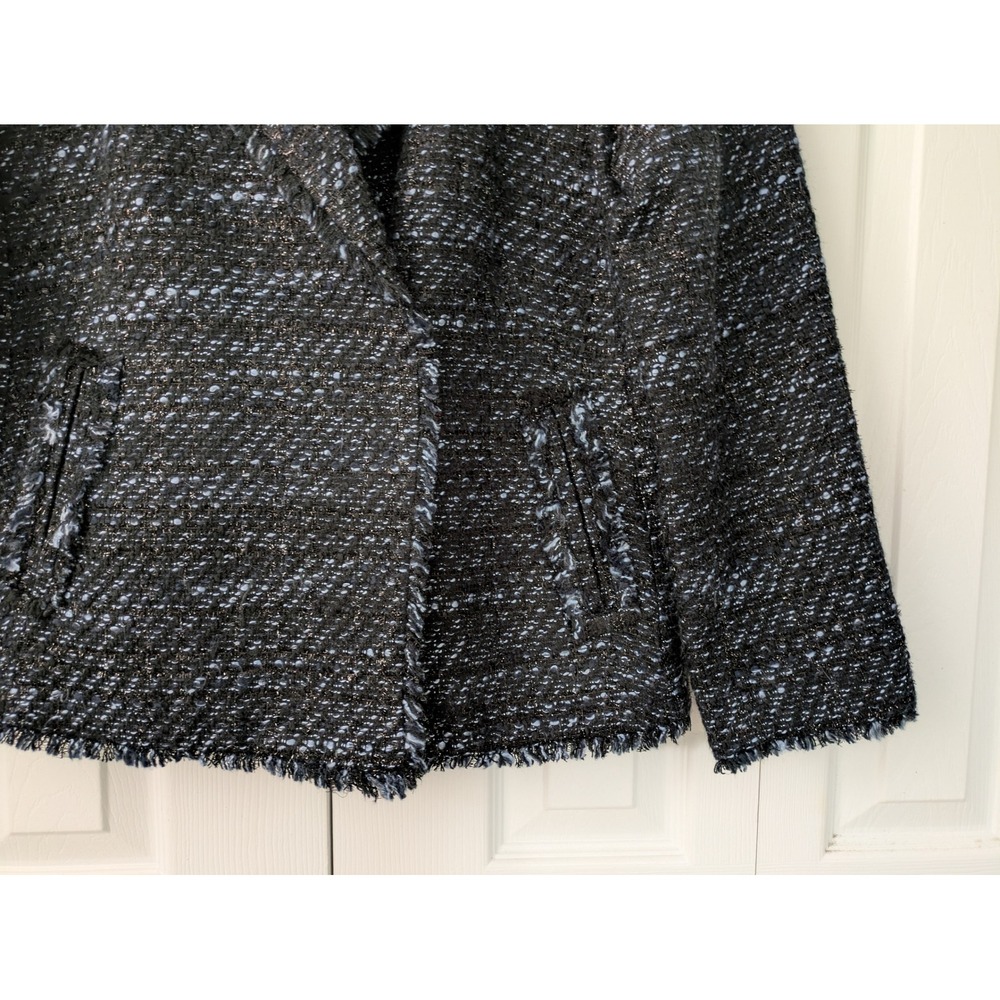 Talbots Petites Blazer Jacket Fringe Trim Sz 14P Black Blue Metallic Pockets - Picture 3 of 8